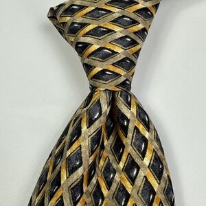 Canali 100% Silk Italy Tie Geometric Black Gold Diamonds Necktie 3.25"‎  x 57"
